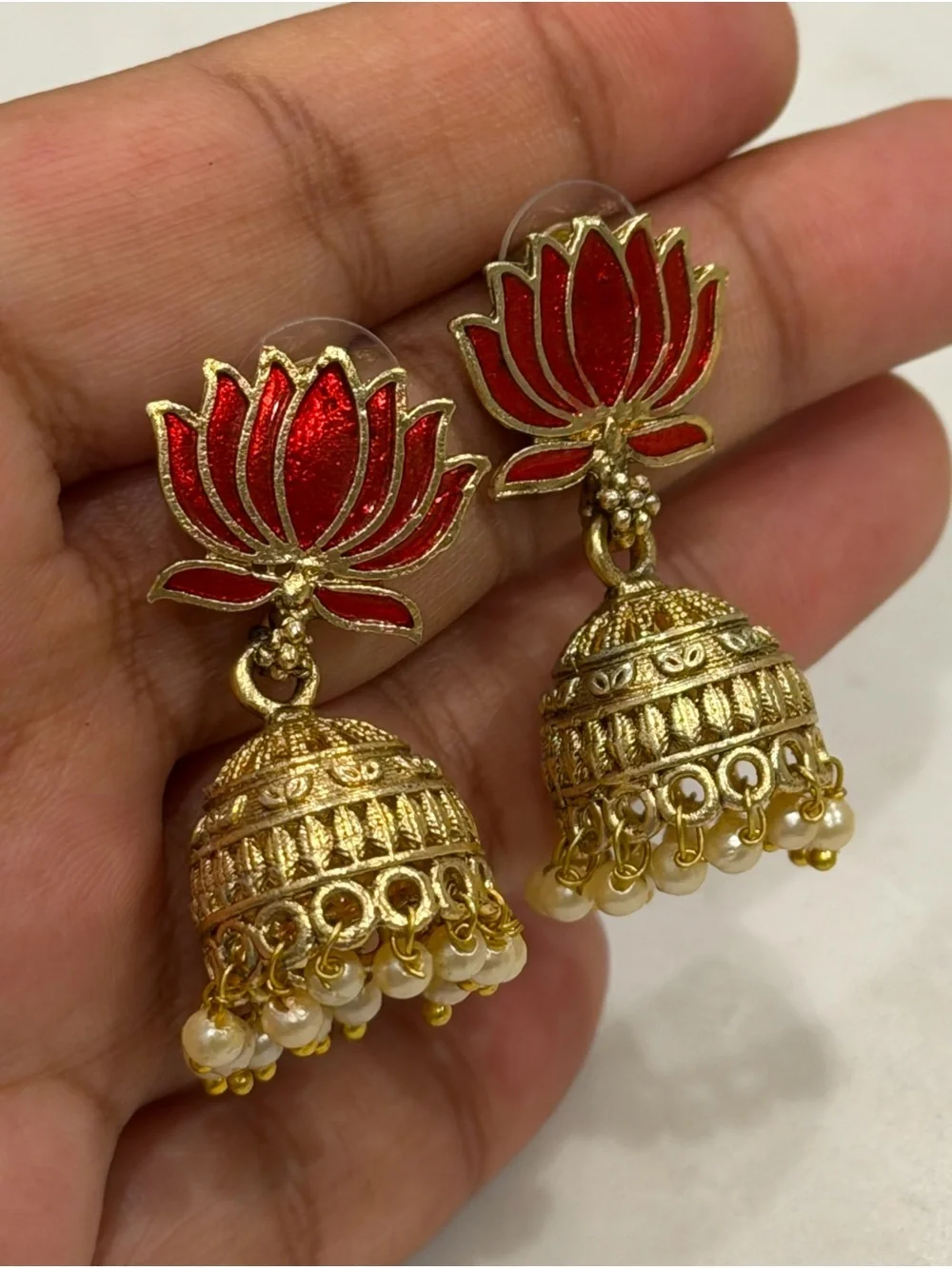 Red Lotus Jhumka Earrings | Pearl Drop Indian Ethnic Gold Tone Festival Jewelry